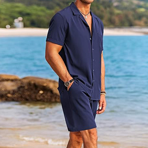 Vente flash : Ensemble chemise et short <span class=keywords><strong>pour</strong></span> <span class=keywords><strong>homme</strong></span>, 2 pièces, manches courtes, boutonné, décontracté, style <span class=keywords><strong>hippie</strong></span>, plage, vacances - Product Image 1