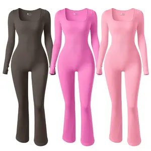Women Yoga Jumpsuits Seamless Ribbed Exercise Long Sleeve Tops Bell Bottoms Flare Jumpsuits gym wear activewear