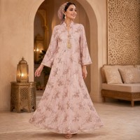 Nouvelle Robe Longue YSYL pour l'Aïd, Col Montant, Détails à Pompons, Broderie Florale Pailletée Intégrale, Tissu Dentelle, Manches Longues, Abaya Musulmane
