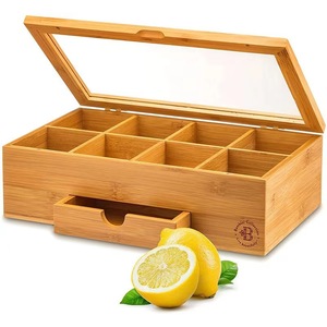 Caja de almacenamiento de madera con múltiples compartimentos, con tapa y cajón para café, té, especias, organizador de escritorio, rectangular, de color sólido - Product Image 1