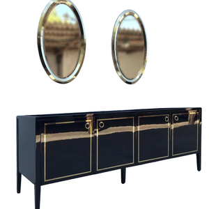 Modern Luxury High Gloss Black Sideboard Bathroom <b>Cabinet</b> with Gold Metal Trim and Oval <b>Wall</b> Mirror Set - Product Image 1