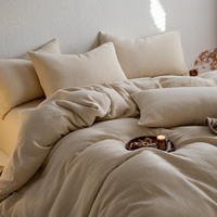 Ensemble de couvre-lit et de housse de couette en lin et coton uni, double couche, style minimaliste, quatre pièces