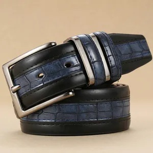 Vente en gros de ceinture vintage en cuir artificiel avec coutures pour garçon, jeans, boucle ardillon, deux boucles, motif crocodile, ceinture en cuir artificiel pour hommes et pantalons