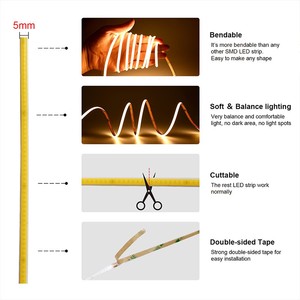 Alto brillo 5mm 400LEDs/M Ra90 COB <span class=keywords><strong>LED</strong></span> <span class=keywords><strong>Strip</strong></span> Cuttable sin puntos <span class=keywords><strong>5V</strong></span> 12V 24V Flexible COB <span class=keywords><strong>LED</strong></span> <span class=keywords><strong>Strip</strong></span> Lights