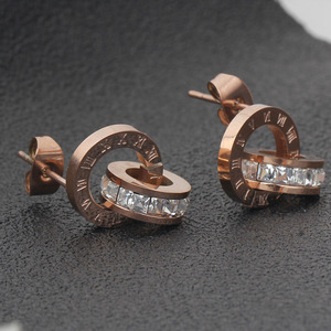 Rose Gold Stainless Steel <b>Stud</b> <b>Earrings</b> With Roman Numerals And Diamond Channel Setting 12mm Round Double Layer Design - Product Image 2
