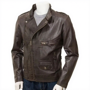 Blouson en cuir véritable marron pour homme, coupe ajustée, style motard, avec fermeture éclair croisée asymétrique, en cuir de vachette, col montant, classique et personnalisé - Product Image 1