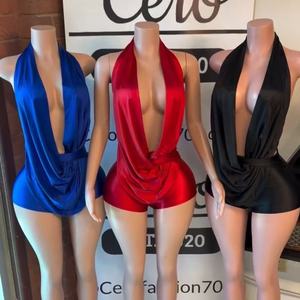 Womens Deep Plunge Halter Romper Draped Backless Bodycon <strong>Club</strong> Jumpsuit <strong>Sexy</strong> Night Out Boutique <strong>Outfit</strong> - Product Image 1