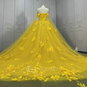Vestido de Gala Jancember LSMU164 Amarillo Brillante con Hombros Descubiertos, Diseño Floral 3D, Falda Amplia para Fiesta de Quinceañera - Product Image 4