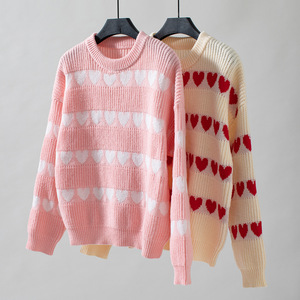 Custom Women's <strong>Valentine</strong> Heart Sweater Loose Casual Long Sleeve Ribbed Pullover <strong>Jumper</strong> Tops for Winter Crew Neck Knit Sweater - Product Image 1