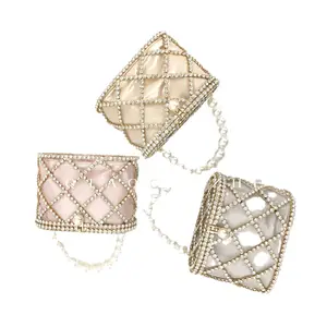 Fashion Metal frame clutch drawstring luxury women evening bag fill in pearls with silk satin liner purse