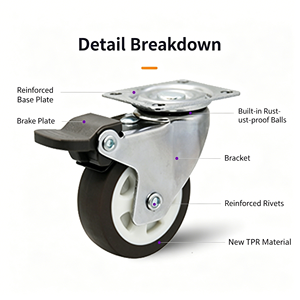 Twin Wheel Caster 3 Inch 75mm Grey Tpr Wheel Tire Hollow Kingpin Side Lock Brake Smooth Rolling Floor Protective For Server <b>Rack</b> - Product Image 5