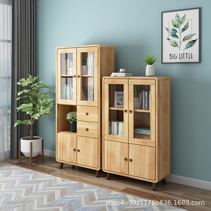 Xiuyuan Spring Scenery <b>Solid</b> <b>Wood</b> <b>Bookcase</b> With Glass Doors Floor Standing Display Cabinet For Study Home Use Rubber <b>Wood</b> - Product Image 2