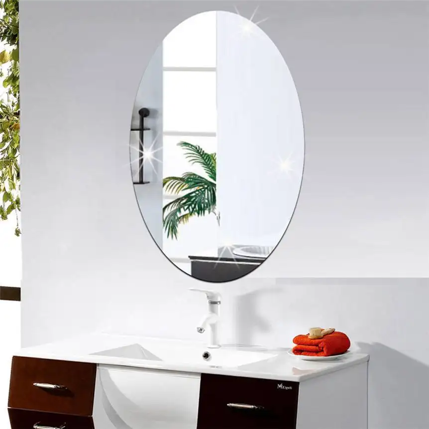 Stiker ubin dinding cermin akrilik persegi panjang Oval, stiker cermin kamar mandi berperekat 27*17cm