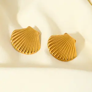 Tarnish Free 18K Gold Plated Stainless Steel Texture Earrings For Women Hypoallergenic Shell Scallop Stud Earrings