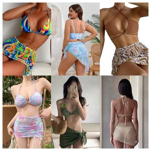 New and Original Women Floral Print <b>Bikini</b> Set Halter Top Asymmetric Skirt Bottom Stretch Swimwear <b>3</b> <b>Piece</b> Spandex Polyester - Product Image 5