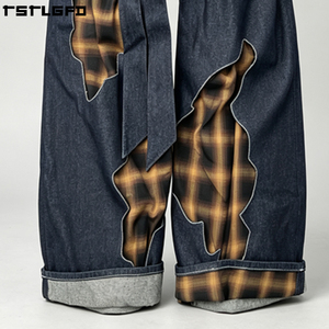Pantalon en jean brut personnalisé, taille ajustable avec boucle métallique, coupe déstructurée, jambe large, selvedge, style streetwear, fabricants en gros - Product Image 5