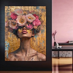 Pétales dorés, cheveux floraux, portrait abstrait, décoration élégante, art féminin texturé, toile rose dorée, décoration intérieure de la maison - Product Image 2