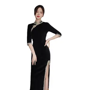 2022 우아한 중국 전통 스타일 개선 블랙 Qipao 매일 착용 긴 레이스 Cheongsam 드레스