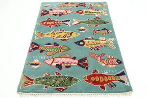 Alfombra Turca Oushak Moderna Hecha a Mano con Diseño de Peces, Decoración Náutica para Habitación Infantil, Detalles en Azul Agua - Product Image 4