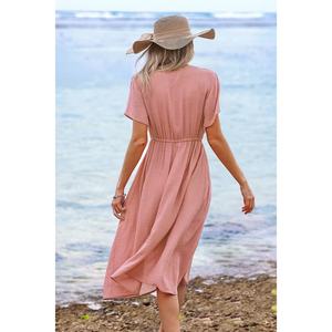 Vestido de Noche Elegante y Delgado con Cuello en V, Manga Corta, Lazo Frontal y Cintura Ajustada, Ideal para la Playa - Product Image 3