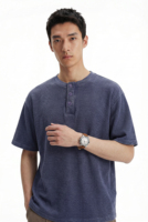 Kaos Henley Rajut Batik Waffle 325GSM Pria Custom Produsen, Efek Cuci Distressed, Bernapas, Kasual, Lengan Pendek