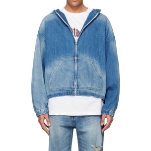 Sweat à capuche zippé en denim 100% coton personnalisé, fin, avec poche plaquée, bleu délavé, épaules tombantes, coupe courte - Product Image 3