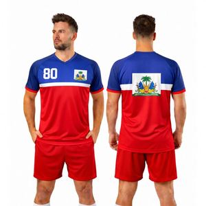 Uniforme de Fútbol Personalizado para Hombre, Transpirable, de Secado Rápido, 100% Poliéster, Conjunto de Camiseta de Manga Corta y Pantalones Cortos para Entrenamiento, Azul y Rojo - Product Image 1