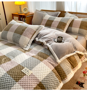 Ấm áp 4pcs sọc <span class=keywords><strong>flannel</strong></span> sữa nhung tấm Set rô Bộ giường đặt kẻ sọc Quilt Cover tấm ga trải giường gối Bộ dụng cụ cho mùa đông - Product Image 4