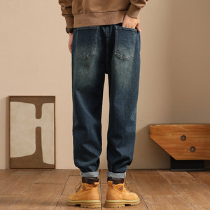 Pantalones harén de moda para hombre de otoño e invierno, pantalones vaqueros de carga americanos holgados de gran tamaño, cintura media, mezclilla lavada, cordón informal sólido - Product Image 4