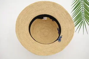 K Spring Summer Chinese Style Design Handmade Blue Butterfly Embroidery Raffia Straw Bucket Hat