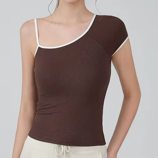 Custom Logo Women's One Shoulder Yoga Top Asymmetrical Ribbed Slim Fit Workout T-shirt Contrast Binding Athletic Tee