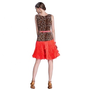 LP-1806 vestido de práctica de baile latino con borlas de tela elástica con estampado de leopardo, falda estándar nacional para práctica de corrida de toros para adultos y mujeres - Product Image 6