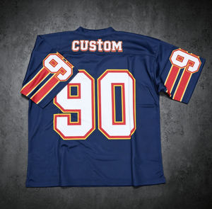 เสื้อฟุตบอลแขนสั้นสีน้ำเงินสำหรับผู้ชายแบบสั่งทำพิเศษ หมายเลข 90 พิมพ์ลายสกรีน ขอบตัดสีสไตล์สปอร์ต คอกลม ทรงปกติ - Product Image 4