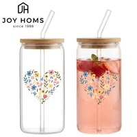 Gobelets en verre avec couvercles en bambou et pailles, motif décalcomanie, 16oz 18oz 20oz, en forme de canette, pour bière, café glacé et autres boissons