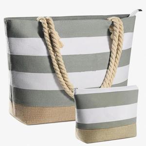 กระเป๋าชายหาดลายทางขนาดใหญ่พร้อมซิปปิด ผลิตจากโพลีเอสเตอร์ ชุดกระเป๋าช้อปปิ้งสะพายไหล่ - Product Image 2