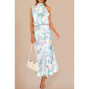 Robe longue d'été en satin à motif floral pour femme FOXA, col montant, sans manches, coupe fourreau, pour cocktail, respirante, taille naturelle - Product Image 2