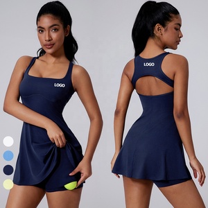 Gaun tenis punggung berongga wanita, baju pakaian bola Golf tanpa lengan leher persegi dengan bantalan dapat dilepas dan celana pendek bersaku persegi - Product Image 1
