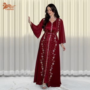 イスラム教徒の服四季通勤ベスト + オープンドレスシフォンプレスダイヤモンドアバヤ女性イスラム教徒のドレス2ピースセット - Product Image 2