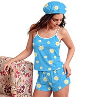 Set Pakaian Santai Bernapas untuk Wanita, Motif Hati, Terdiri dari Kemben, Celana Pendek, dan Penutup Kepala, Tiga Potong, Bahan Polyester Spandex