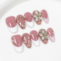 TSZS 10 pièces Faux ongles à presser en acrylique épais, motif vache, forme amande française, fleurs 3D en relief, faits main, vente en gros