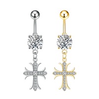 Nouveau modèle de piercing de nombril en laiton avec pierre en zirconium en forme de croix. Bijoux tendance unisexes en édition limitée, prêts à l'emploi