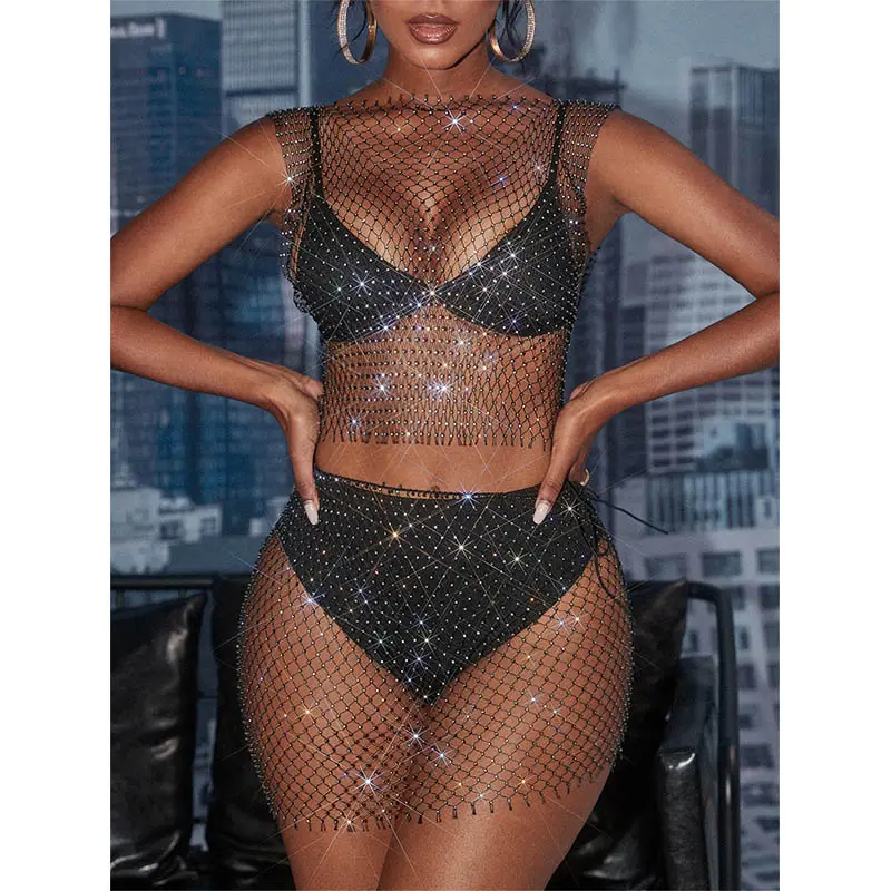 NOVANCE YX83121 sexy overall Gauze fishnet rhinestone two piece shorts set clothing mesh cover up dress see through dress