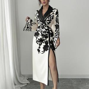 Kadın sonbahar ve kış fransız zarif çiçek baskı resmi ofis elbiseler V boyun yarık uzun elbise kadın abiye - Product Image 4