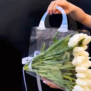 사용자 정의 Pvc 플라스틱 투명 꽃 토트 가방 손잡이와 꽃다발을위한 웨딩 선물 포장 가방