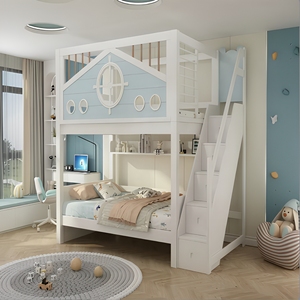 Solid Wood Kids Bunk <strong>Bed</strong> with Trundle | House Shape Staircase Storage Drawers | Girls Bedroom Triple Sleeper OEM Custom Factory - Product Image 3
