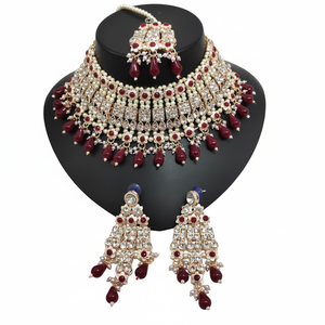 <b>Gold</b> Plated Brass Zircon Bridal Jewelry <b>Set</b> Choker Necklace Drop Earrings Tikka Ethnic Wedding Party Engagement Anniversary High - Product Image 2