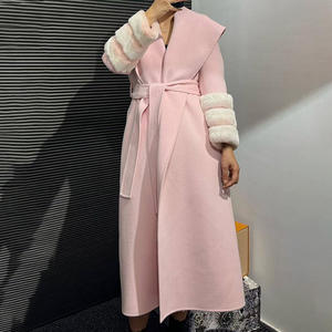 Abrigo de Cachemira de estilo largo popular para mujer, abrigo de lana con diseño de <span class=keywords><strong>Chinchilla</strong></span> con puños de piel de conejo Rex - Product Image 2