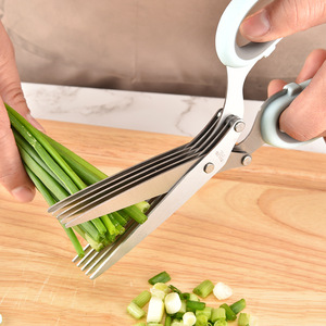Stainless Steel 5 Layer Scallion Scissors <b>Kitchen</b> Herb Cutter For Home Use Green Handle With Protective Cover - Product Image 4