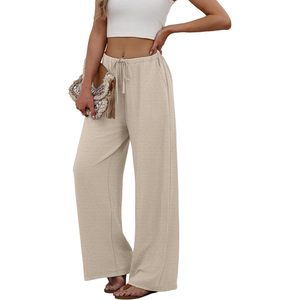 Pantalon palazzo fluide à jambes larges pour femme, taille haute, cordon de serrage, taille élastique, avec poches, vêtements d'été pour les vacances à la plage - Product Image 4