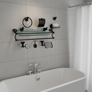 Elite 7-Piece Towel Rack Set Black Zinc Alloy Double Rod Glass Shelf Bathroom Accessories - Product Image 2